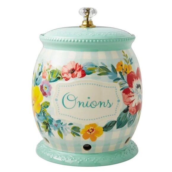 š¦ NewĀ Pioneer Woman Sweet Romance Teal GinghamāCeramicāOnionāKeeperāwithāLid - Picture 4 of 9